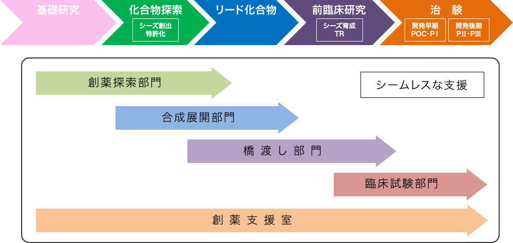 基礎研究／化合物探索（シーズ創出特許化）／リード化合物／前臨床研究（シーズ育成TR）／治験（開発早期POC・PⅠ／開発後期PⅡ・PⅢ）　創薬探索部門／合成展開部門／橋渡し部門／臨床試験部門／創薬支援室　シームレスな支援